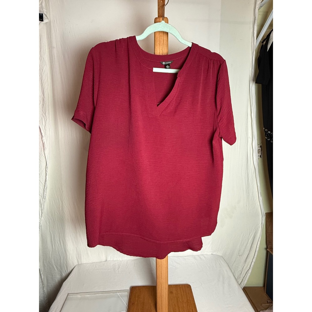 Versona Womens Burgundy Split V-Neck Short Sleeve Textured Blouse Top Large